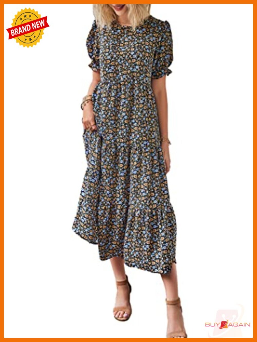 Women's Midi Floral Dress Puff Short Sleeve A-Line High Waist Casual